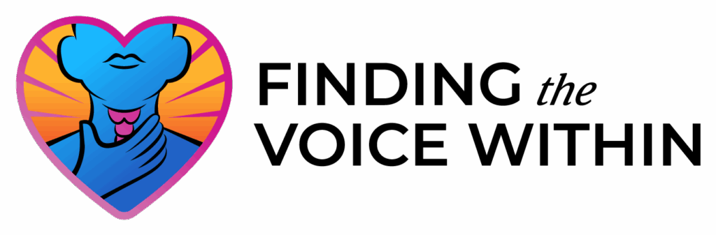 Logo for Finding the Voice Within LLC, depicting a person inside a heart with their larynx visible, cartoonishly.
